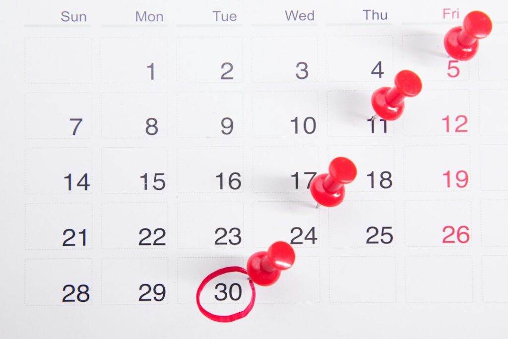 Calendar with marked exam dates for board date sheet