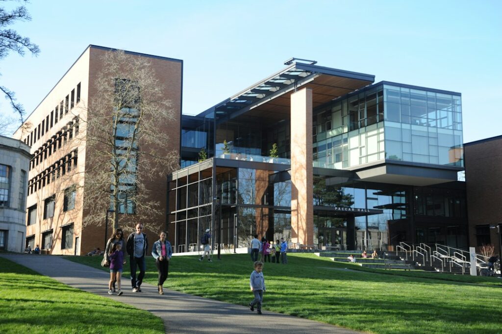 University building and students for fee structure guide